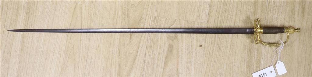 A Victorian dress smallsword, ormolu hilt, pierced and engraved guard, fluted pommel, blade unscrews below hilt,